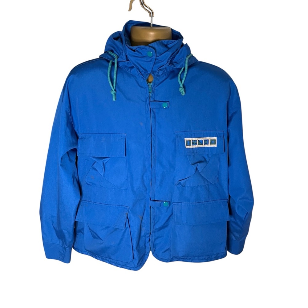Vtg 80s Sportables Utility Jacket Hooded Windbreaker Nautical Patch Blue M